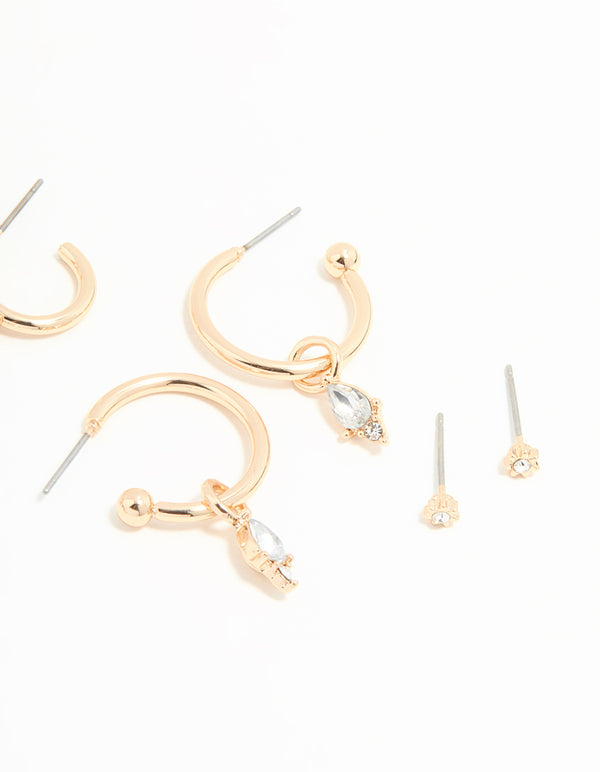Gold Diamante Drop Huggie Earrings 4-Pack