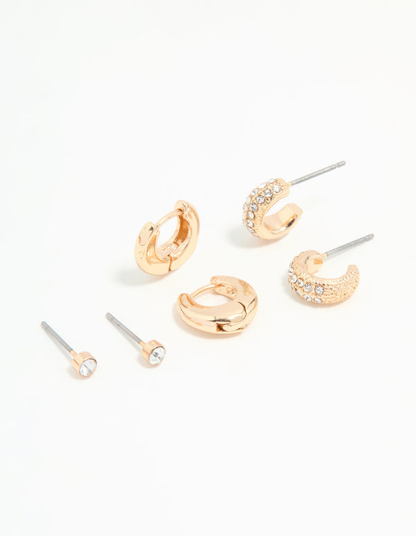 Gold Diamante Stud & Huggie Earrings 3-Pack