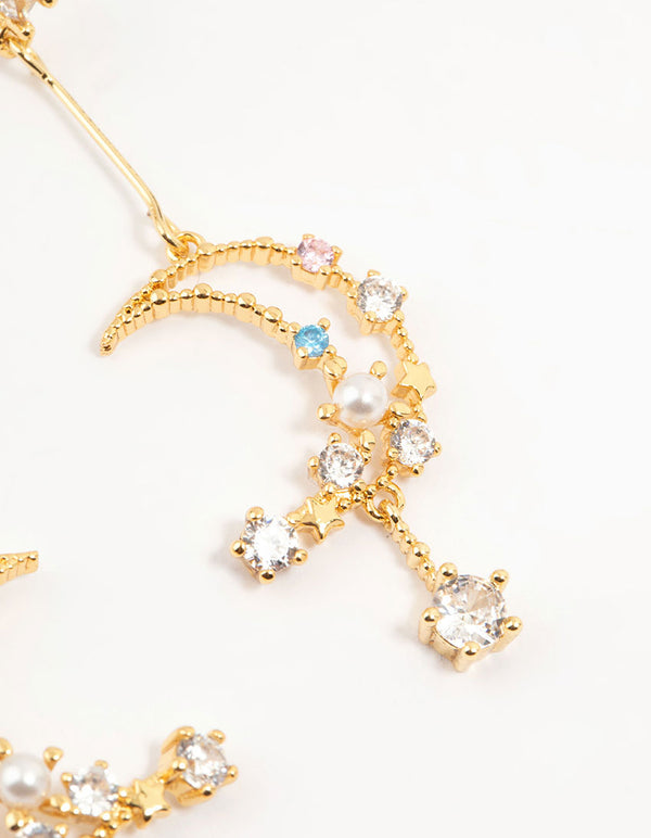 Gold Plated Cubic Zirconia Moon Drop Earrings