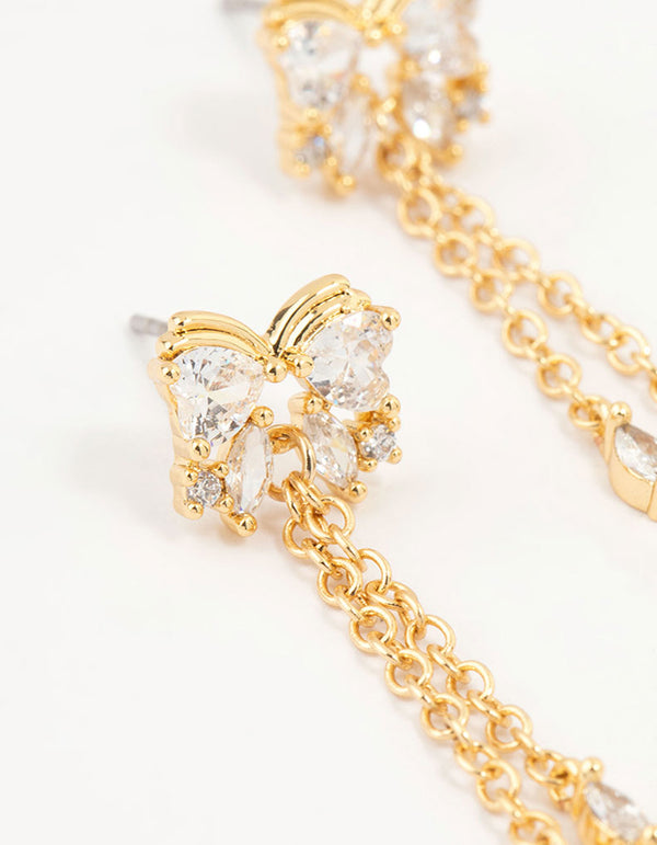 Gold Plated Cubic Zirconia Heart & Butterfly Chain Earrings