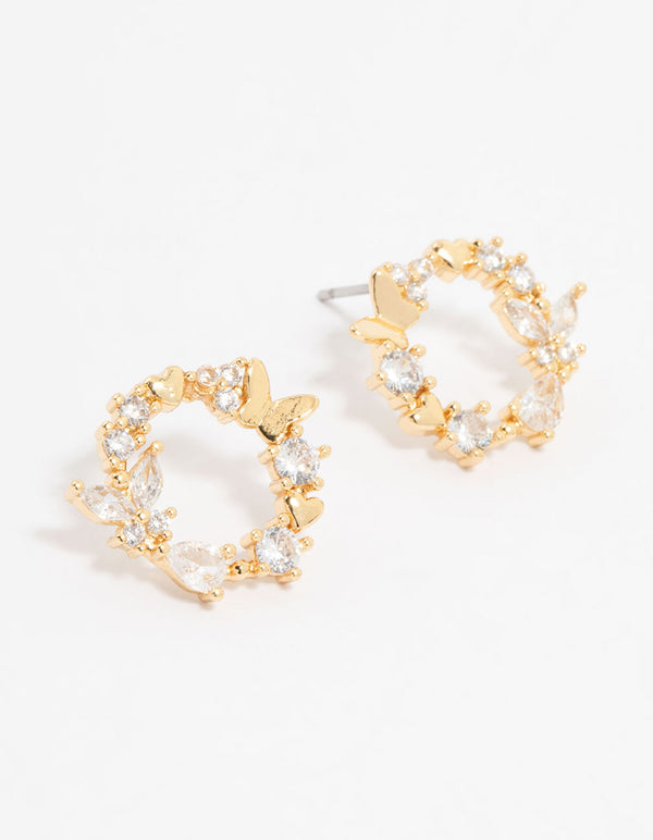 Gold Plated Cubic Zirconia Butterfly Wreath Stud Earrings