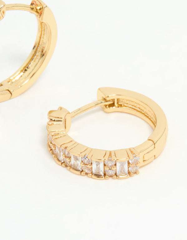 Gold Plated Diamante Baguette Pave Hoop Earrings