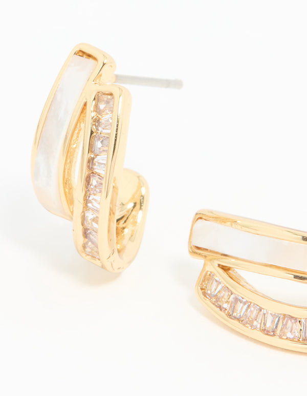 Gold Plated Cubic Zirconia & Mother Of Pearl Jacket Earrings