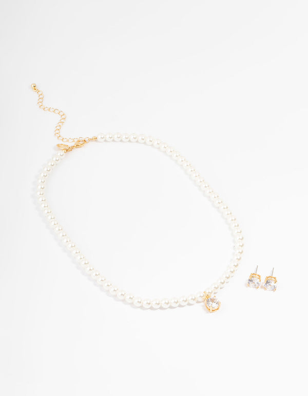 Gold Plated Pearl & Cubic Zirconia Necklace & Earring Set