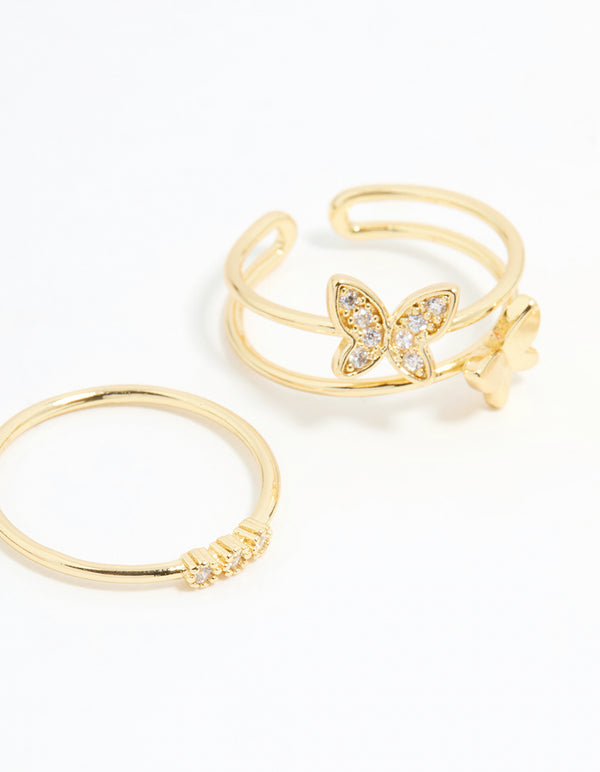 Gold Plated Cubic Zirconia Butterfly Rings 3-Pack