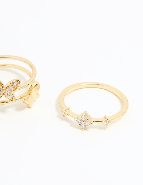 Gold Plated Cubic Zirconia Butterfly Rings 3-Pack