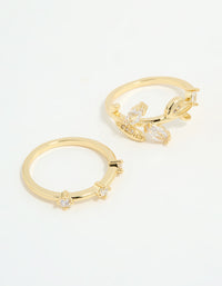 Highlighting gold plated cubic zirconia leafy station rings in a 3-pack close up view - link has visual effect only