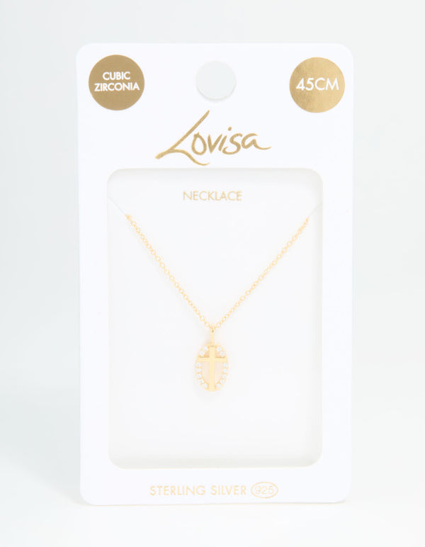 Gold Plated Sterling Silver Cubic Zirconia Oval Cross Necklace