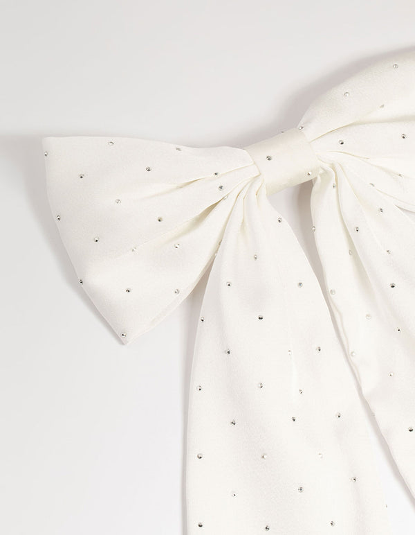 White Fabric Diamante Scatter Bow Clip