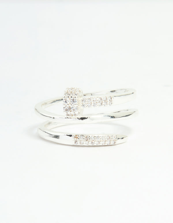 This silver plated nail wrap ring with cubic zirconia stones in statement style close up view