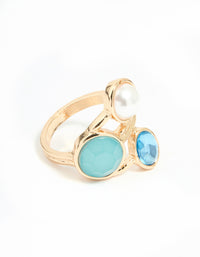 Gold Pearl Statement Triple Blue & Clear Gems Ring - link has visual effect only