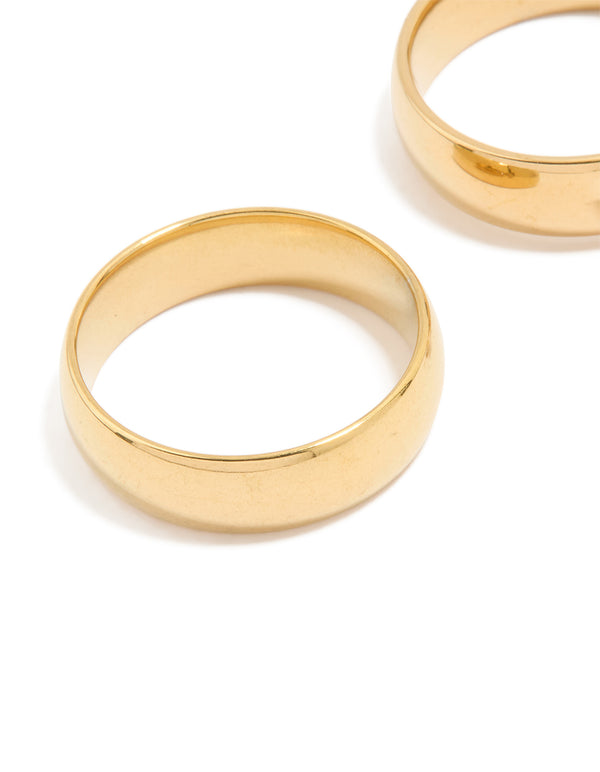 Waterproof Gold Plated Stainless Steel Cubic Zirconia & Sleek Band Rings 2-Pack