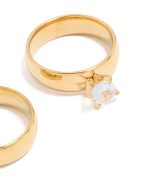 Waterproof Gold Plated Stainless Steel Cubic Zirconia & Sleek Band Rings 2-Pack - link has visual effect only