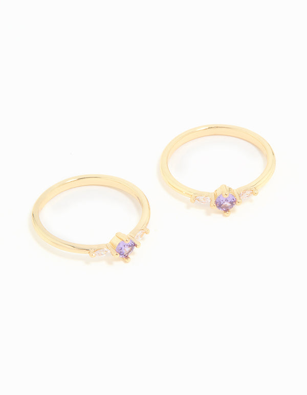 Gold Plated Purple Cubic Zirconia Dainty Trio Stacking Rings 2-Pack
