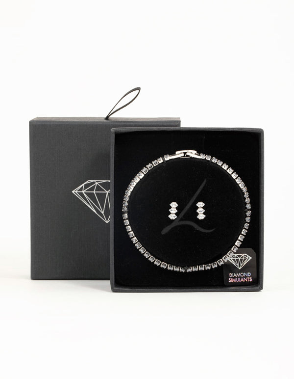 Silver Diamante Marquise Earrings & Tennis Bracelet Set