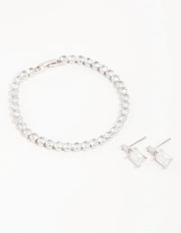Silver Diamante Rectangle Drop Earrings & Tennis Bracelet Set - link has visual effect only