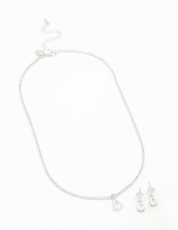 Silver Cubic Zirconia Drop Pear Necklace & Earrings Set