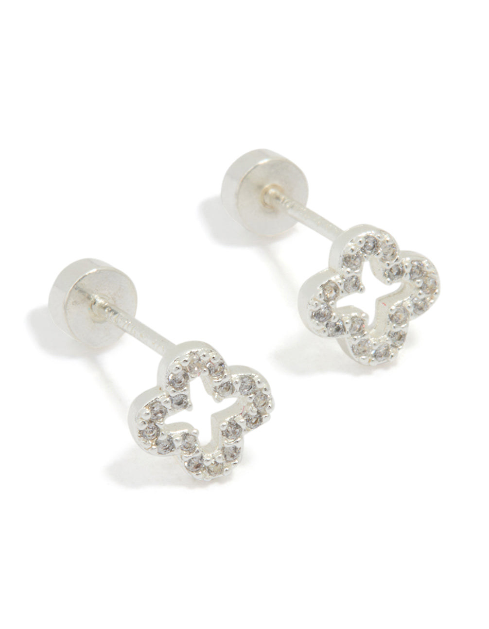 Sterling Silver Cubic Zirconia Hollow Pave Flower Stud Earrings