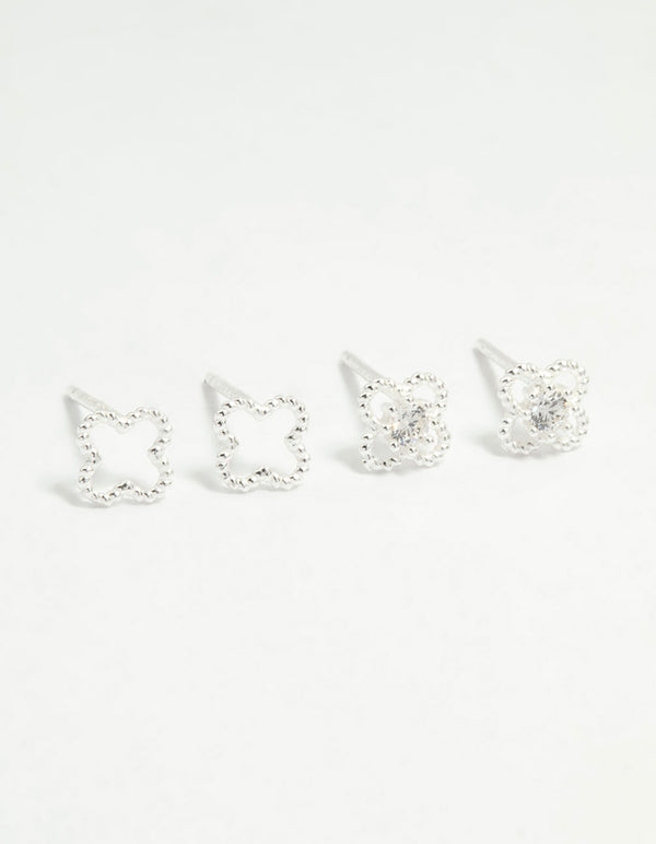 Sterling Silver Cubic Zirconia Flower Stud Earrings 2-Pack