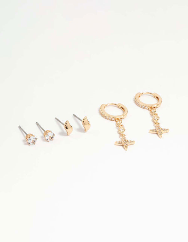 Gold Cubic Zirconia Cross & Stud Earrings 3-Pack