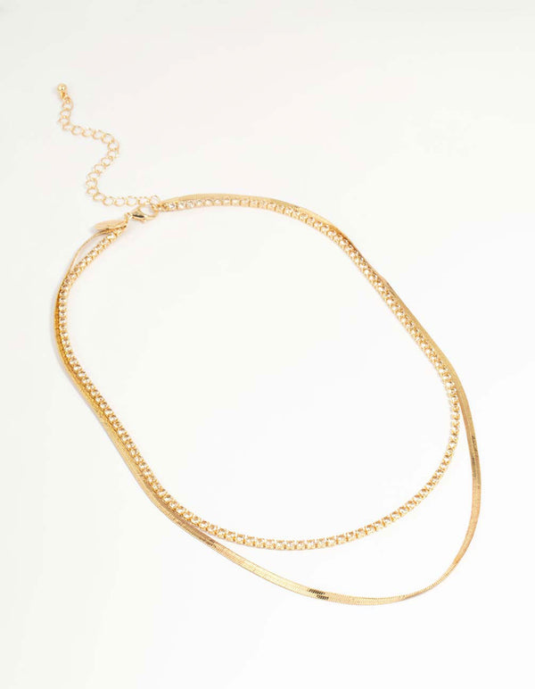 Gold Cubic Zirconia Diamante & Chain Layered Necklace