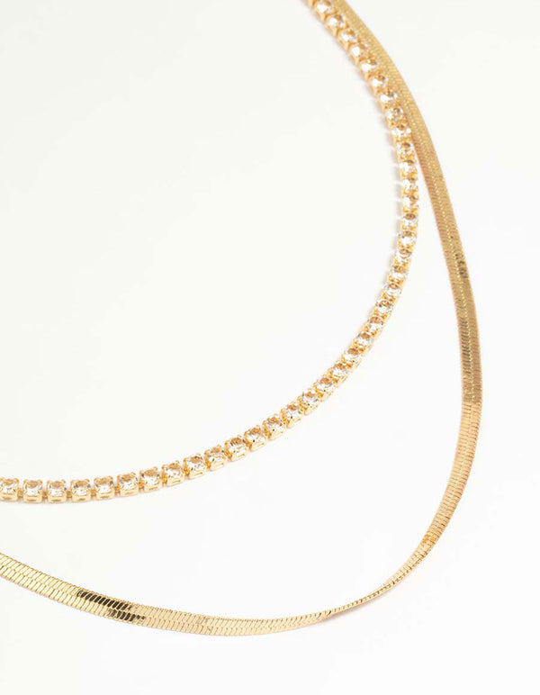 Gold Cubic Zirconia Diamante & Chain Layered Necklace
