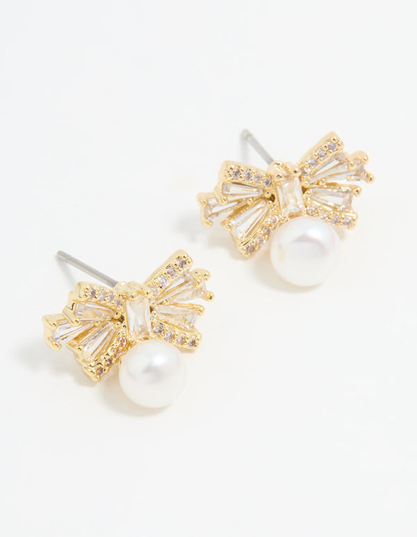 Gold Plated Pearl & Cubic Zirconia Bow Baguette Drop Earrings