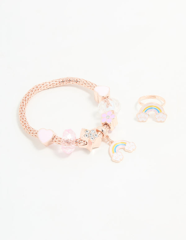 Kids Rose Gold Rainbow Stretch Bracelet & Ring Set