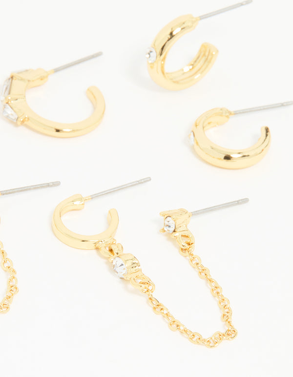 Gold Plated Diamante Hoop & Chain Drop Earrings 5-Pack