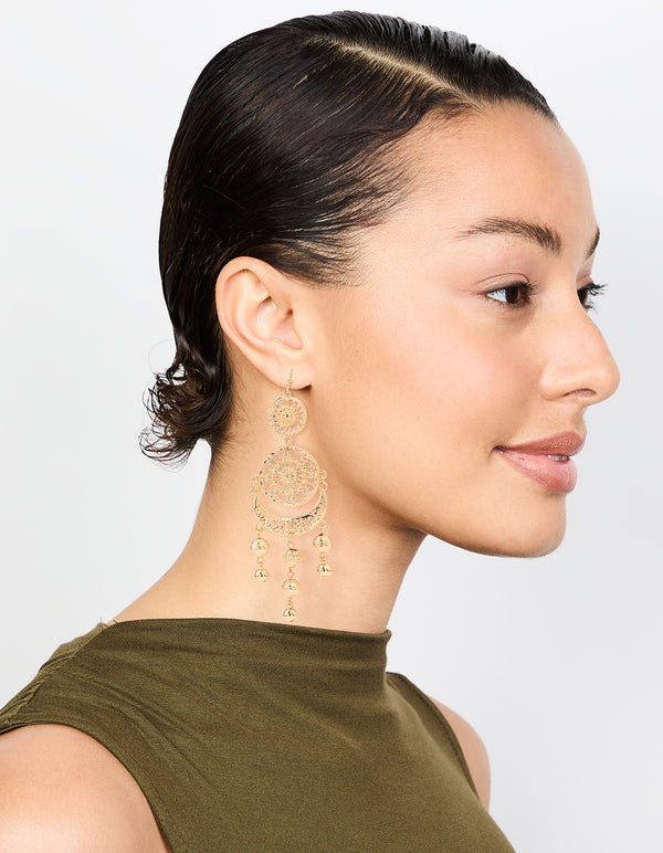 Gold Patterned Tassel Drop Earrings