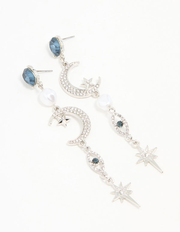 Silver Blue Diamante Celestial Drop Earrings
