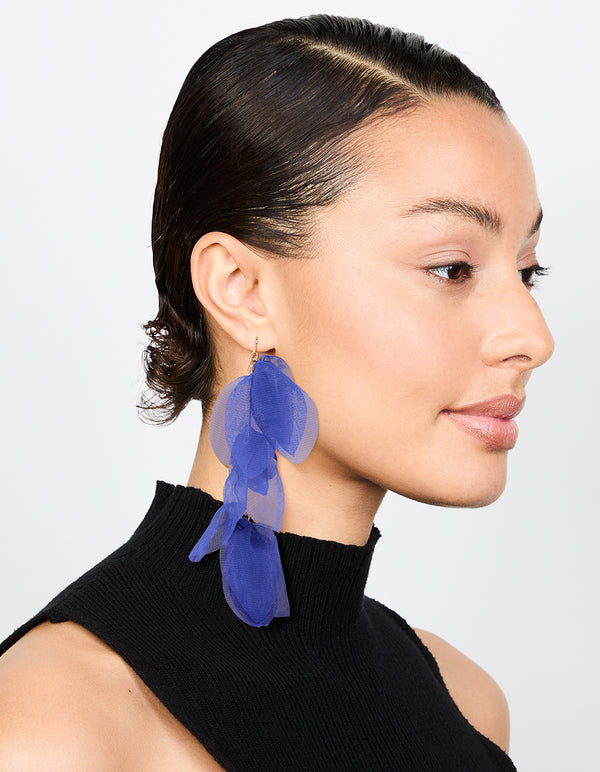 Blue Fabric Layered Petal Drop Earrings
