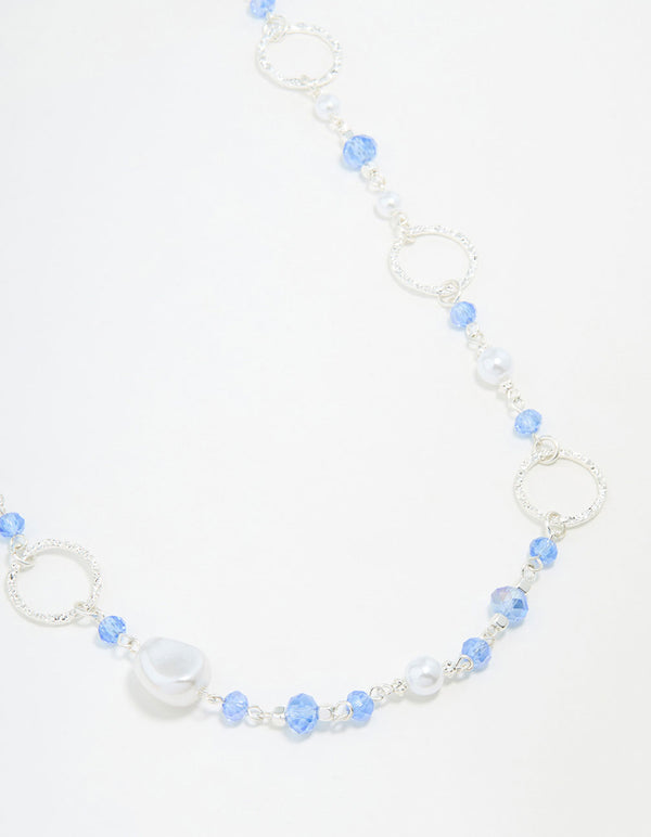 Silver Crater Hoop & Blue Beaded Necklace