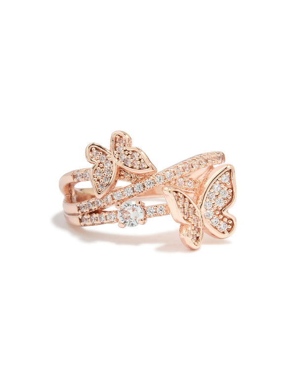 Rose Gold Cubic Zirconia Double Butterfly Wrap Ring