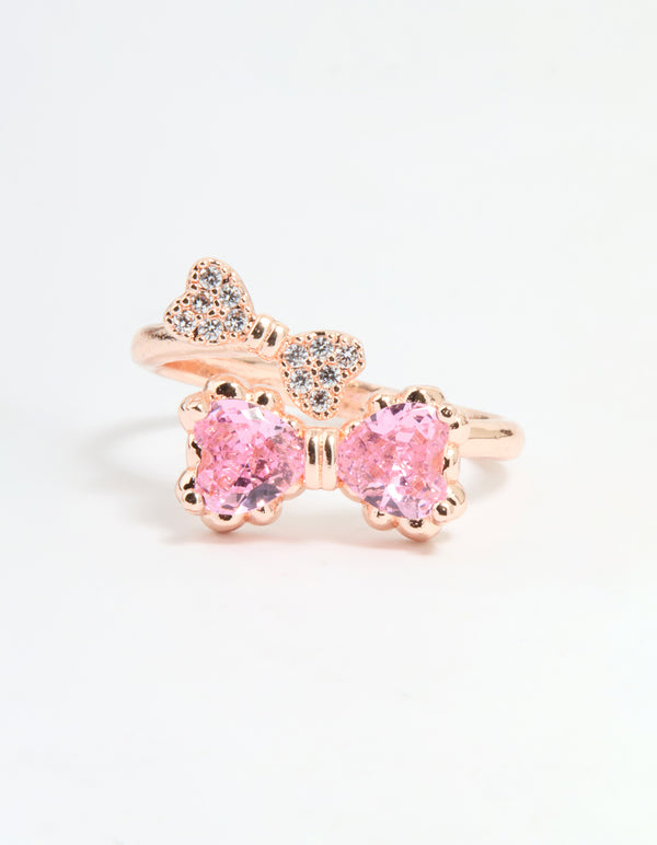 Rose Gold Cubic Zirconia Double Dainty Bow Ring