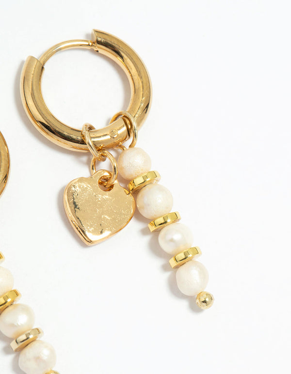 Waterproof Gold Plated Stainless Steel Pearl Heart Drop Huggie Earrings
