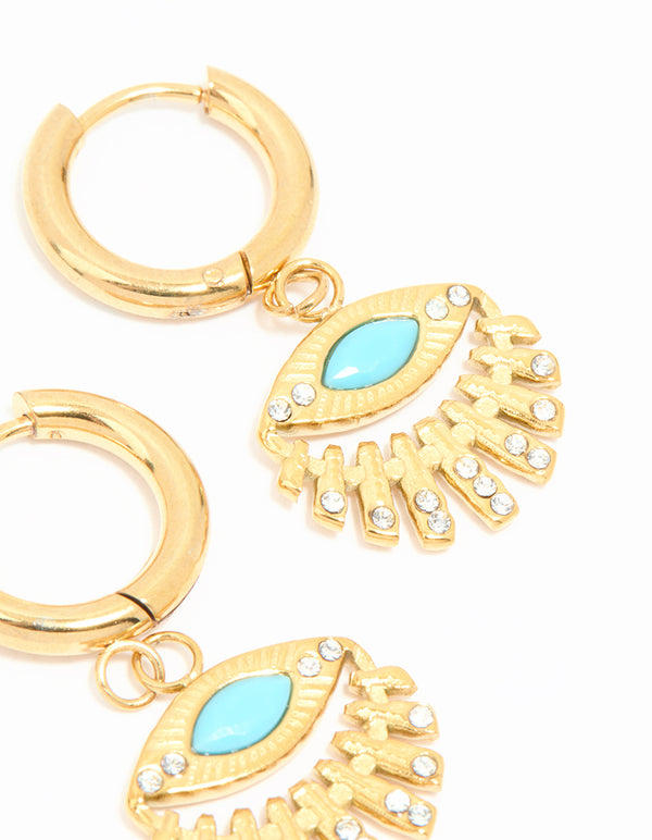 Waterproof Gold Plated Stainless Steel Fan Evil Eye Drop Earrings