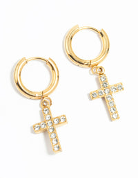 Waterproof Gold Plated Stainless Steel Diamante Cross Huggie Earrings - link has visual effect only