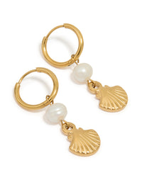 Waterproof Gold Plated Stainless Steel Pearl Shell Drop Huggie Earrings - link has visual effect only