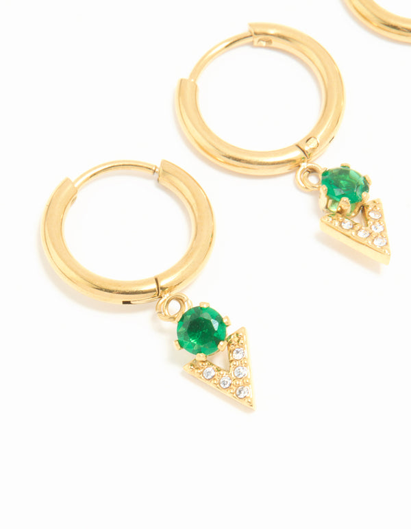 Waterproof Gold Plated Stainless Steel Cubic Zirconia & Lightning Bolt Huggie Earrings 2-Pack