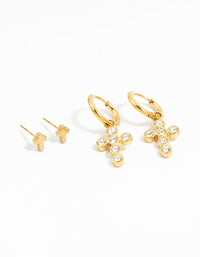 Waterproof Gold Plated Stainless Steel Diamante Cross Earrings 2-Pack - link has visual effect only