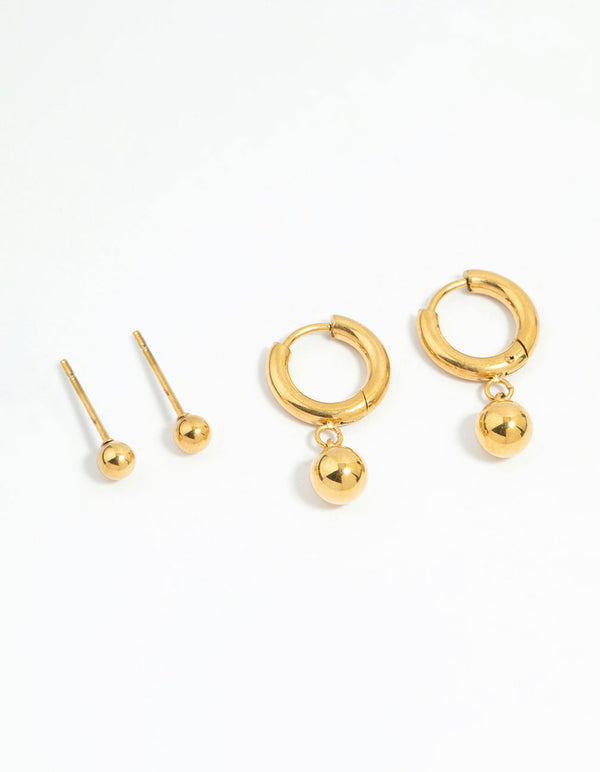 Waterproof Gold Plated Stainless Steel Ball Earrings 2-Pack