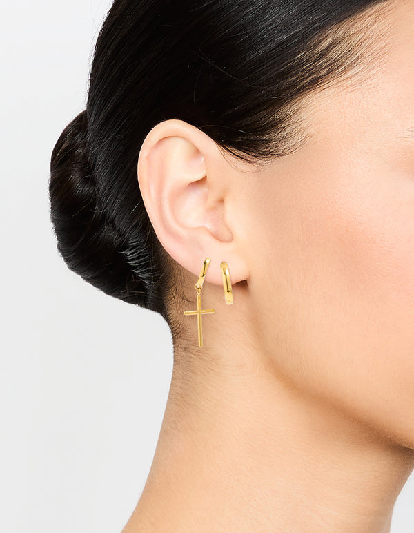 Waterproof Gold Plated Stainless Steel Cross Hoop Earrings 2-Pack