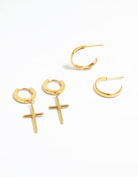 Waterproof Gold Plated Stainless Steel Cross Hoop Earrings 2-Pack - link has visual effect only