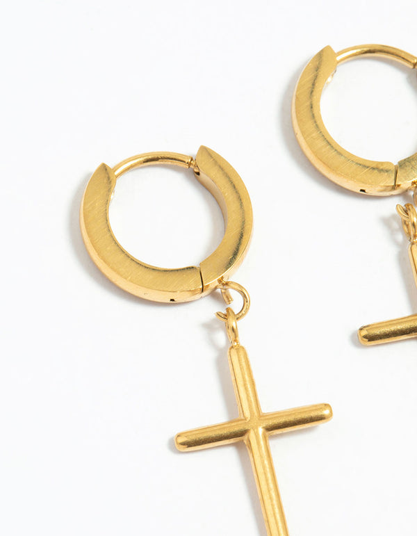 Waterproof Gold Plated Stainless Steel Cross Hoop Earrings 2-Pack