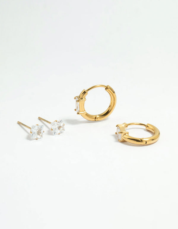 Waterproof Gold Plated Stainless Steel Cubic Zirconia Stud & Huggie Earrings 2-Pack