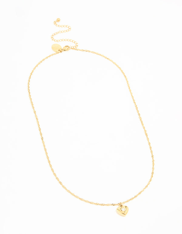 Waterproof Gold Plated Stainless Steel Cubic Zirconia Puffy Heart Necklace