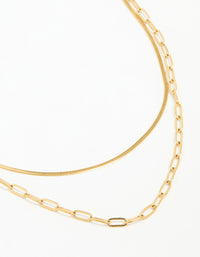 Waterproof Gold Plated Stainless Steel Double Link Layered Necklace - link has visual effect only
