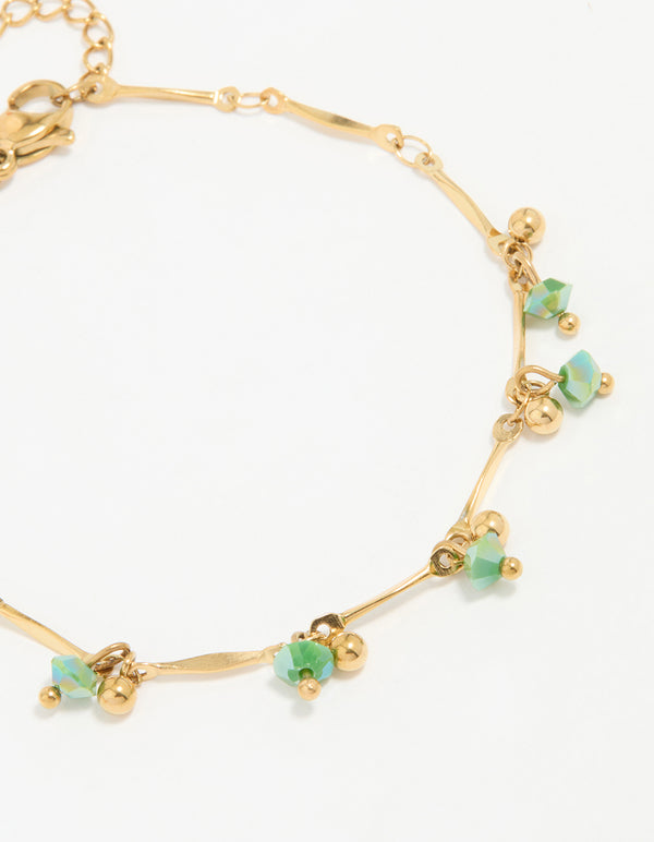 Waterproof Gold Plated Stainless Steel Green Beaded Bracelet