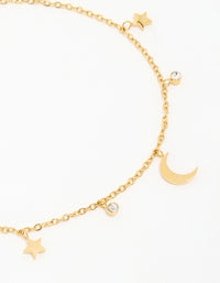 Waterproof Gold Plated Stainless Steel Cubic Zirconia Moon & Star Anklet - link has visual effect only